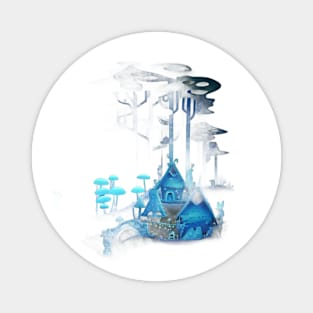 Blue Castle Surrounded by Cloud Like Mushrooms and Trees, Creating a Dreamy Fantasy Landscape Magnet